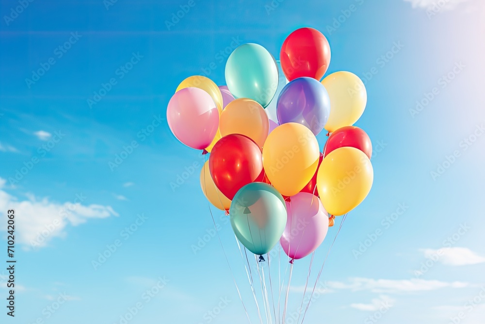 Multicolored helium balloons against a blue sky backdrop