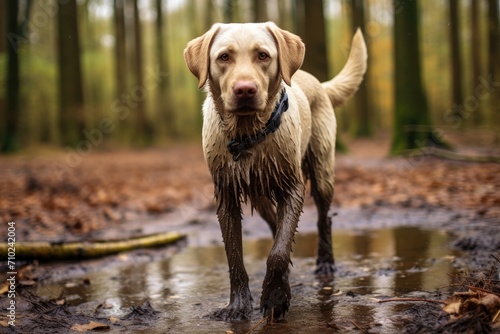 Muddy dog in fall surroundings with stick walking on forest path photo