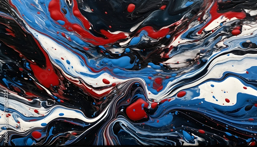 Blue abstract pattern, spray paint pattern, fluid organic shape style, blue and black intersection, a little red and white, fluid organic shape, marbling, smooth lines
