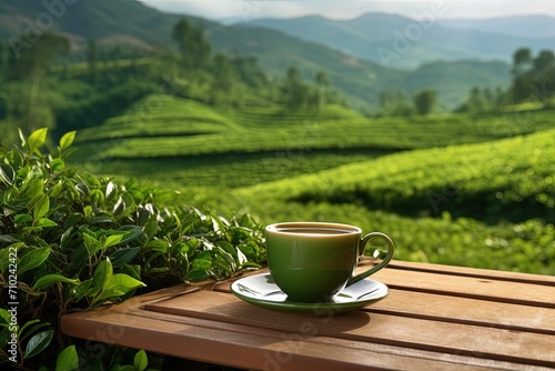 Organic green tea cup on wooden table with tea plantations in background