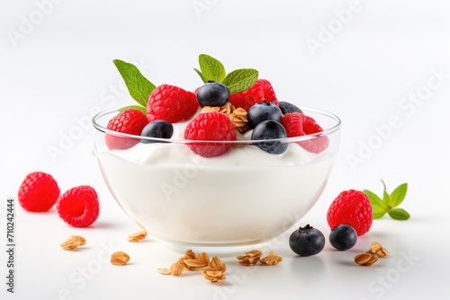 Breakfast bowl with Greek yogurt nuts oatmeal granola and berries on a white background selectively focused