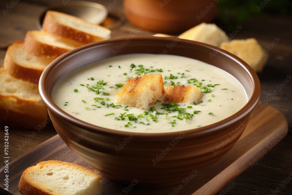 Parmesan garlic soup displayed on a wood table Parmesan garlic soup displayed on a wood table