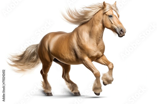 Palomino horse galloping freely long mane flowing against a white background