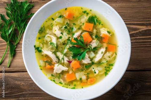 Overhead view of chicken vegetable soup on white wood