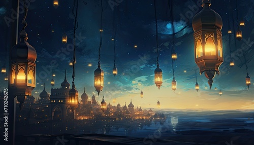Ramadan lanterns against the night sky, in the style of detailed background elements, light gold and azure