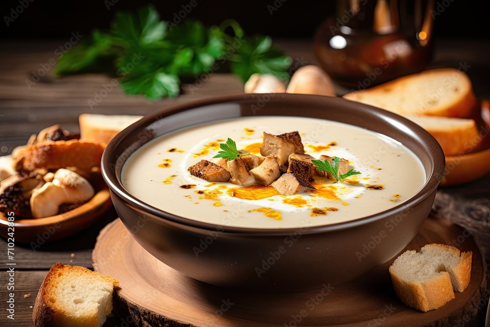 Porcini mushroom cream soup with croutons on a wooden table