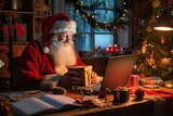 Happy old Santa Claus wearing hat holding gift box using laptop computer sitting at workshop home table late on Merry Christmas eve. Ecommerce website, Generative AI 