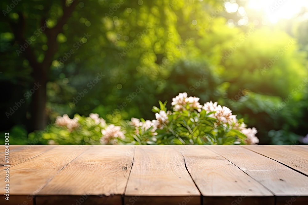 Product placement or montage featuring an empty wooden table in a sunlit summer garden with focus on the foreground table top against a white backdrop