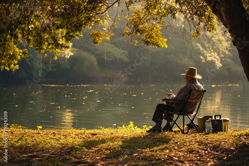 Elderly Man Enjoys Leisure Fishing at Lakeside Sunset