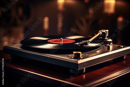 Retro composition of vinyl player and floating record Disco atmosphere creative mood luxurious rest