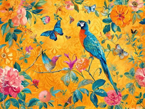 Vintage Hand drawn and Hand Painted Retro Vintage Style Fine Art canvas for wallpaper and background with Colorful Peacocks, birds, Flowers and plants, Nature-inspired and floral botanical, ornamental © AIPERA