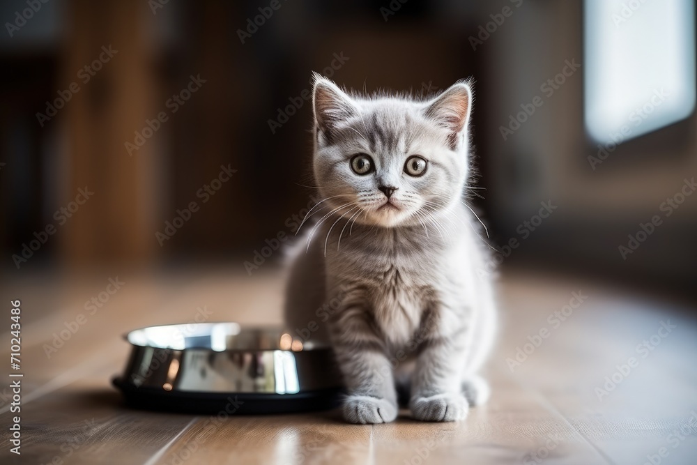 Selective focus on a beautiful gray munchkin cat eating from a metal bowl Caring for pets Cute domestic creature