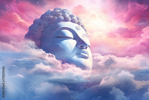 Buddha face in celestial heavens semi transparent eyes closed pink and blue sky background photo