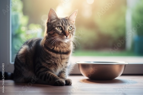 Selective focus on a beautiful tabby cat eating from a food bowl near the living room window photo