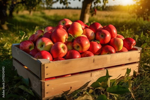 September harvest of fresh organic apples in Poland stored in a wooden crate