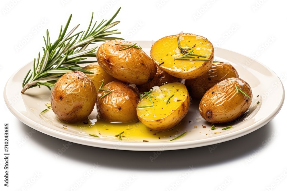 Small baked potatoes falling on vintage plate seasoned with olive oil rosemary and garlic isolated on white background