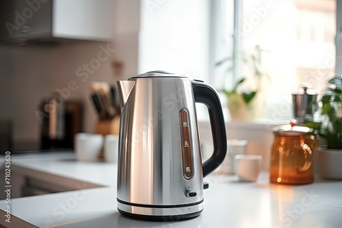 Silver electric kettle on kitchen table used for boiling water and making tea photo
