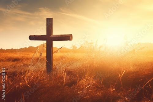 Canvastavla Silhouette of Jesus Christ s cross at sunrise in autumn meadow