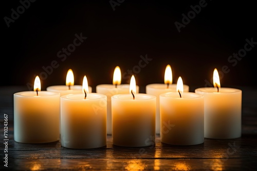 Six foreground candles glowing in the dark