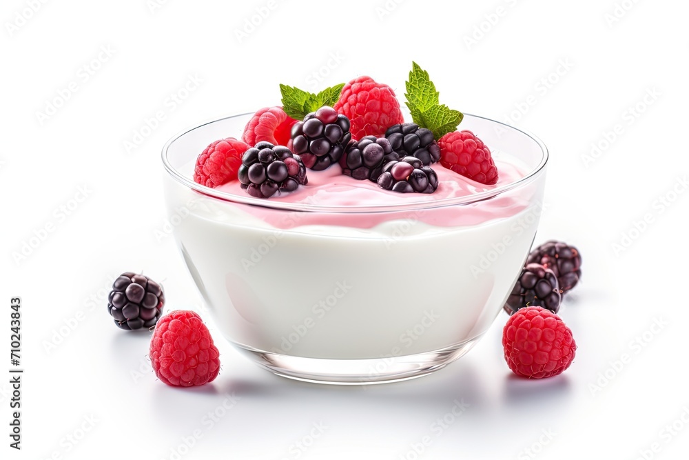 Sweet breakfast featuring yogurt and berries on a white background Sweet breakfast featuring yogurt and berries on a white background