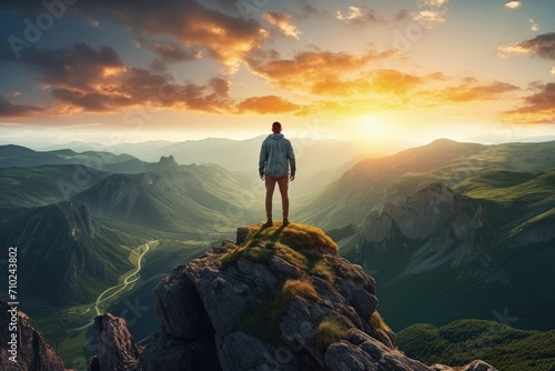 Sunset view of nature in summer mountains with young man on cliff