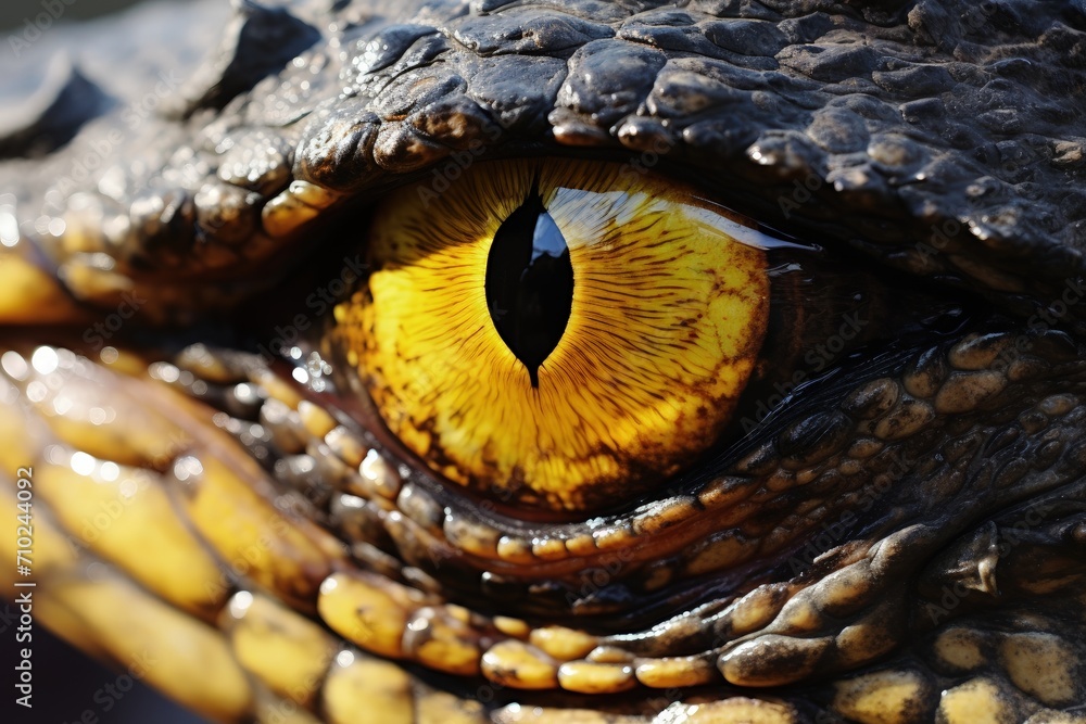 Fototapeta premium Terrifying dinosaur hunters stare at closeup yellow eyes