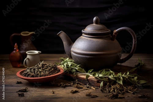 Tea pot and dried tea leaves