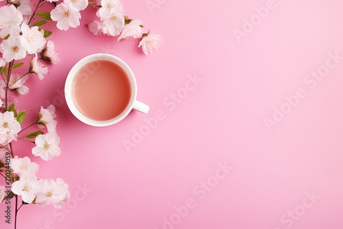 Teacup with flowers on pink background top view empty space