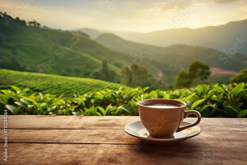 Tea leaves and a cup on a wooden table with a tea plantation backdrop