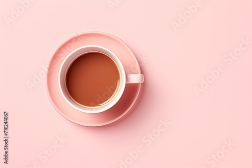 Teacup on soft pink surface Overhead perspective
