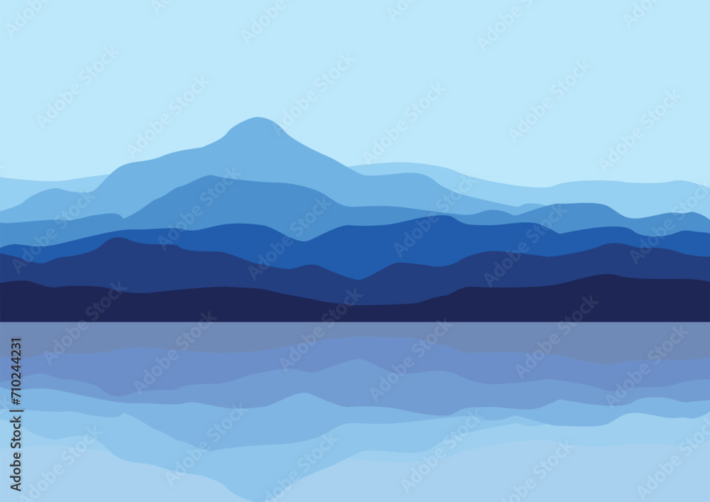Landscape with lake and mountains. Vector illustration in flat style.