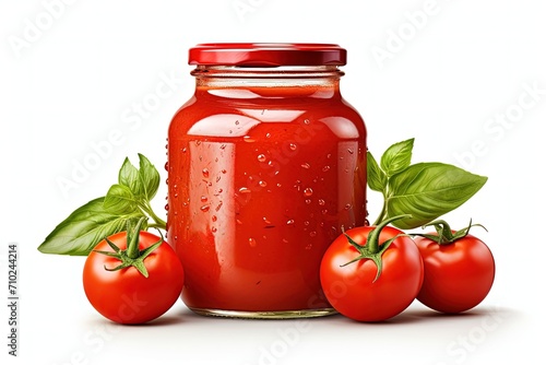 Tomato sauce filled glass jar on white background
