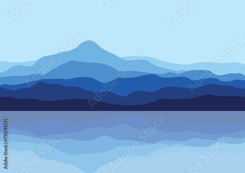 Landscape with lake and mountains. Vector illustration in flat style.