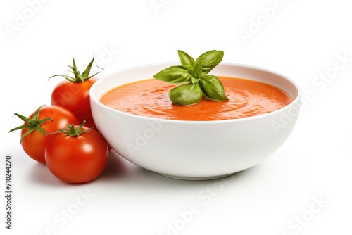 Tomato soup in a bowl isolated on white background with space for text