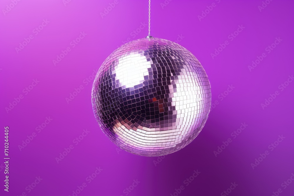 Fototapeta premium Top view of a violet background with a shiny disco ball Room for text