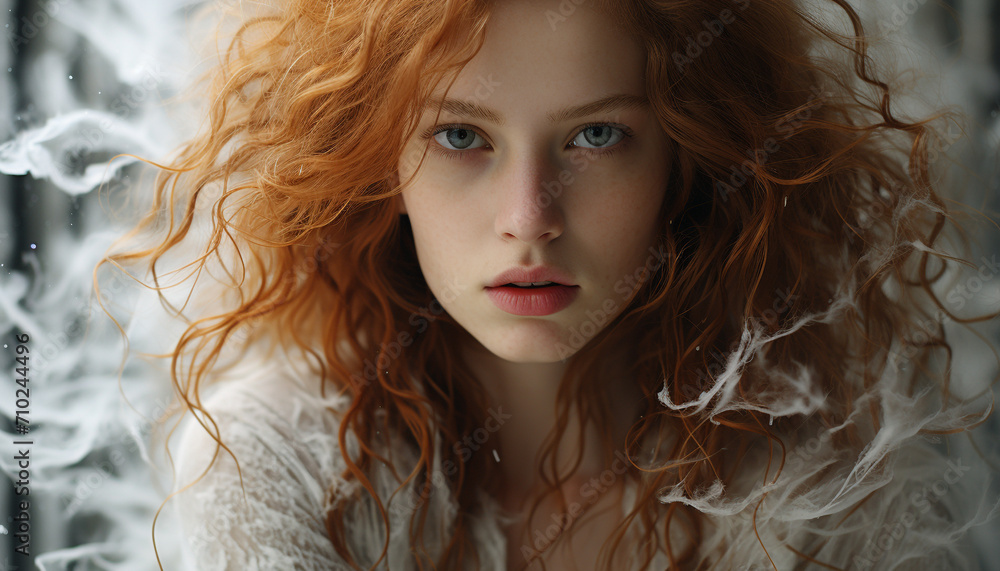 Fototapeta premium One beautiful woman, young, caucasian, looking at camera, confident smile generated by AI