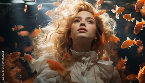 Fototapeta Naklejka Na Ścianę i Meble -  Smiling young woman enjoys underwater fish swimming generated by AI