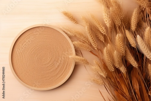 Top view of a wooden tray mockup on a trendy beige background with pampas grass and dry flowers perfect for showcasing natural cosmetics or products dur photo