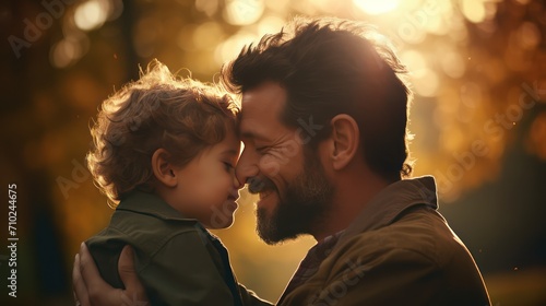 Father, bonding kiss and boy child hug happy in nature with quality time together outdoor. Happiness, laughing and family love of a dad and kid in a park enjoying nature hugging with care and a smile.
