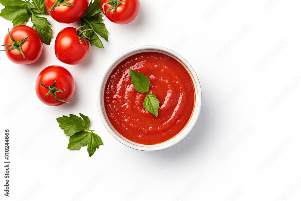Top view of red tomato sauce or ketchup in ceramic bowl on white background Top view of red tomato sauce or ketchup in ceramic bowl on white background