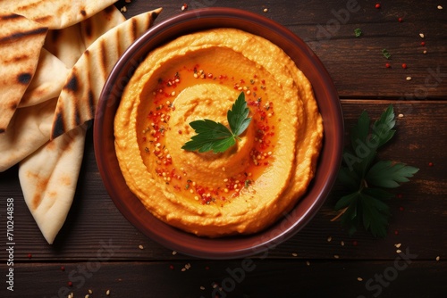 Top view of pita bread with roasted red pepper hummus on a wooden surface photo