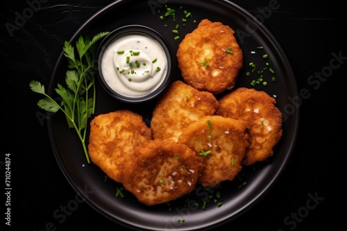 Top view of sauce covered breaded chicken patties on black background with a delicious crispy texture photo