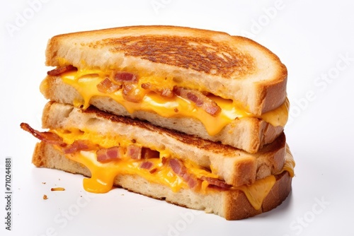 Top view of scrumptious cheddar cheese and bacon toasted sandwiches on white background