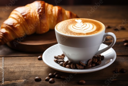 Cappuccino and croissants on table