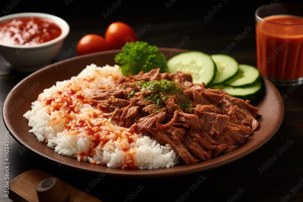 Traditional Ramadan doner kebab with tomato sauce and rice on a white plate on a wood table background Pilav ustu doner Traditional Ramadan doner kebab with tomato sauce and rice on a white plate on a wood table background Pilav ustu doner