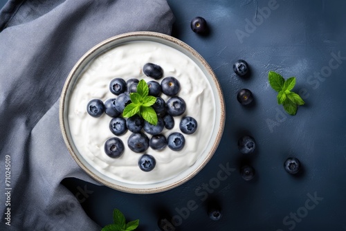 Top view of yogurt and blueberries in a bowl on a table photo