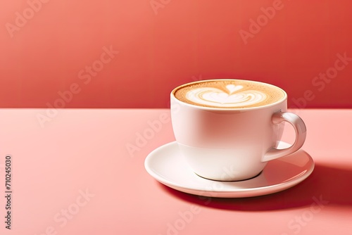 Cappuccino with milk and foam on a pink background