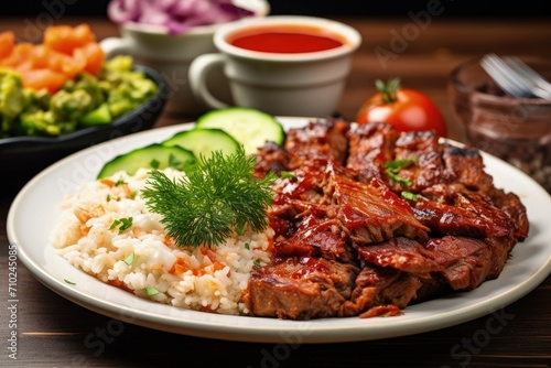 Traditional Ramadan doner kebab with tomato sauce and rice on a white plate on a wooden table