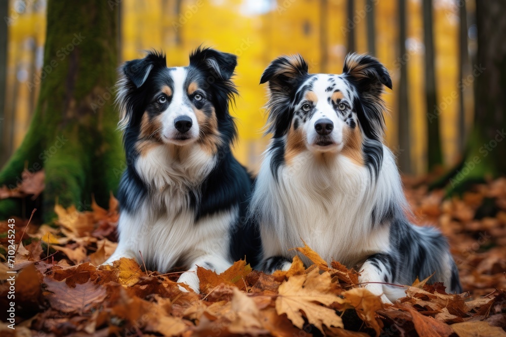 Two border collie dogs with autumn leaves surrounding them in the forest