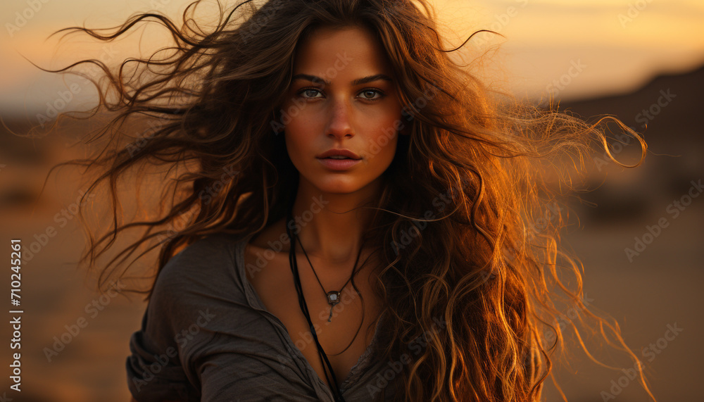 Young woman with long brown hair, standing outdoors, looking at camera generated by AI Young woman with long brown hair, standing outdoors, looking at camera generated by AI